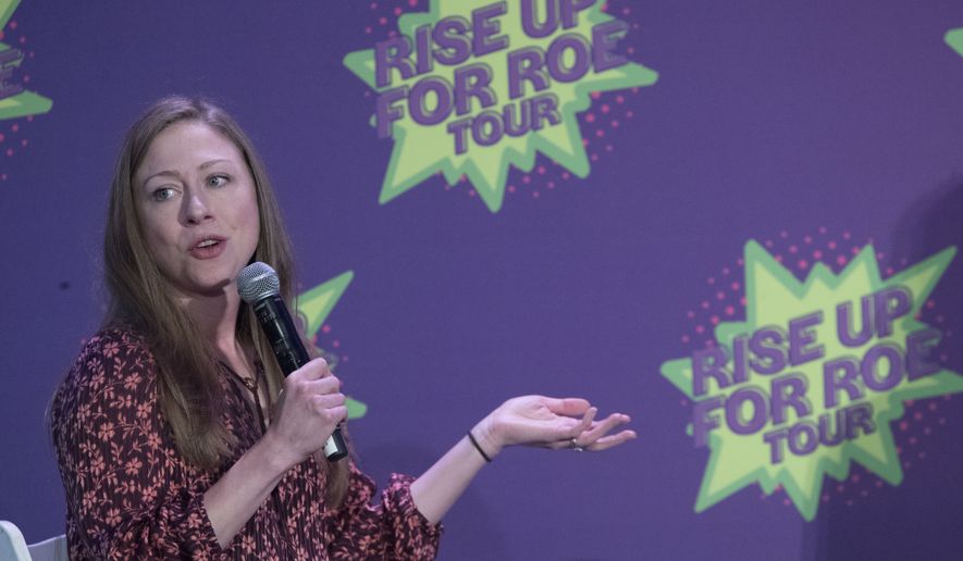 Chelsea Clinton speaks during the Rise Up For Roe national tour, Saturday, Aug. 11, 2018, in New York. (AP Photo/Mary Altaffer)