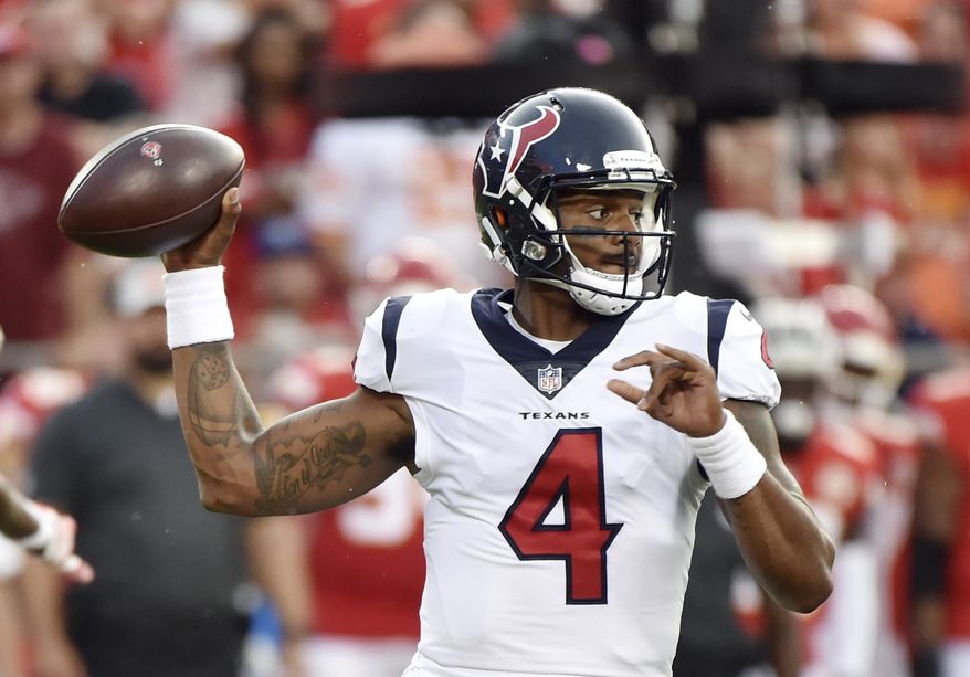 Houston Texans quarterback Deshaun Watson (4) throws during the first half of the team's NFL preseason football game against the Kansas City Chiefs in Kansas City, Mo., Thursday, Aug. 9, 2018. (AP Photo/Ed Zurga)