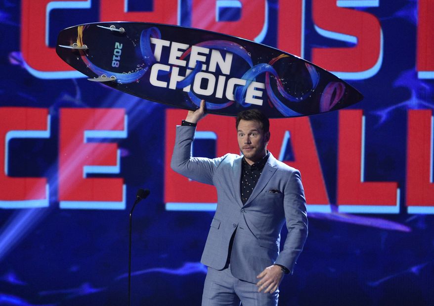 Chris Pratt accepts the award for choice summer movie actor for "Jurassic World: Fallen Kingdom" at the Teen Choice Awards at The Forum on Sunday, Aug. 12, 2018, in Inglewood, Calif. (Photo by Chris Pizzello/Invision/AP)
