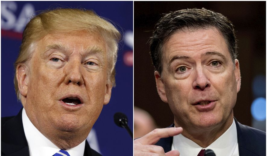 This combination photo shows President Donald Trump speaking during a roundtable discussion on tax policy in White Sulphur Springs, W.Va., on April 5, 2018, left, and former FBI Director James Comey speaking during a Senate Intelligence Committee hearing on Capitol Hill in Washington on June 8, 2017.  (AP Photo/Evan Vucci, left, and Andrew Harnik) ** FILE* *