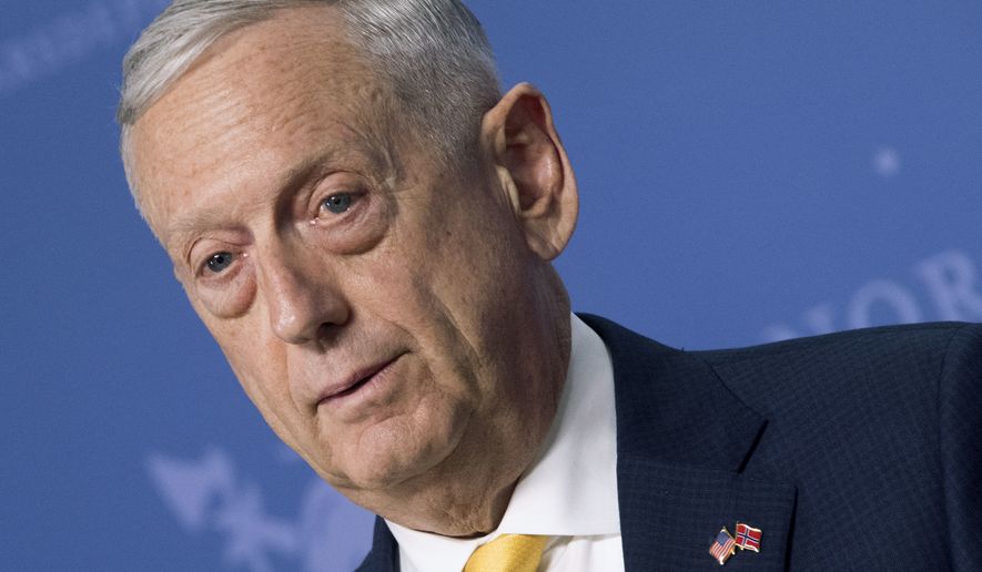 In this July 14, 2018, file photo, U.S. Secretary of Defense Jim Mattis addresses a press conference at the Ministry of Defense in Olso, Norway. (Jim Watson/Pool Photo via AP, File) ** FILE **