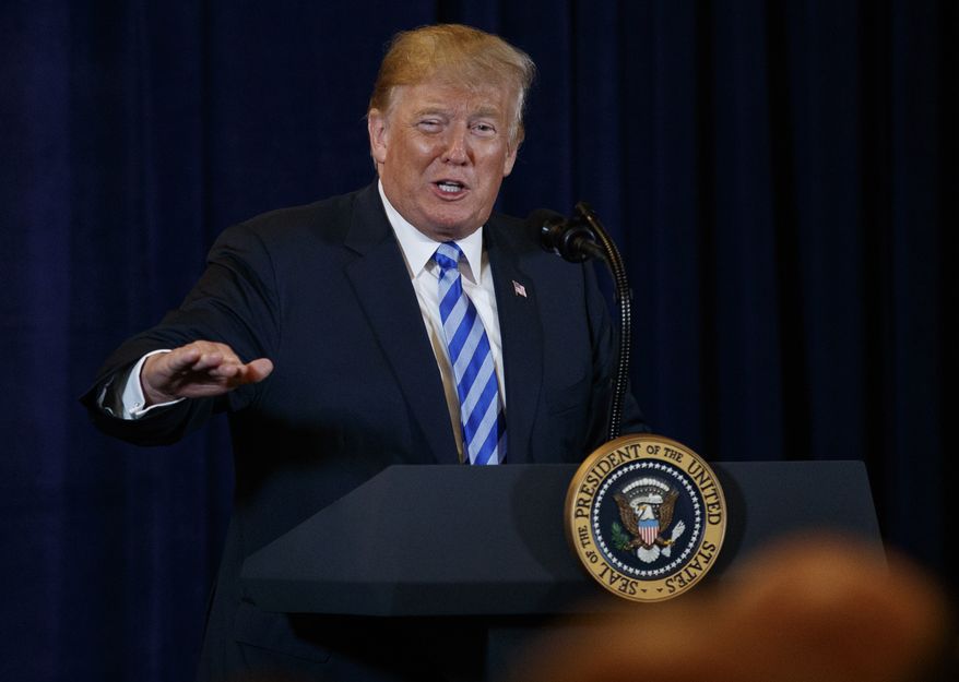 President Donald Trump speaks in Utica, N.Y., Monday, Aug. 13, 2018, at a joint fundraising committee reception in Utica, N.Y. (AP Photo/Carolyn Kaster)