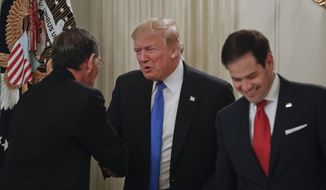 FILE - In this July 19, 2017, file photo, President Donald Trump greets Sen. John Barrasso, R-Wyo., left, and Sen. Marco Rubio, R-Fla. during a luncheon in the State Dinning Room of the White House in Washington. After flaming out in the GOP presidential primary _ and enduring Trump’s taunts along the way _ Rubio is entering his next act in politics. But one thing Rubio isn’t doing, he says, is gearing up for a White House run in 2020. And, he says no other Republicans should primary Trump either, because it could cost the GOP the presidency. (AP Photo/Pablo Martinez Monsivais, File)