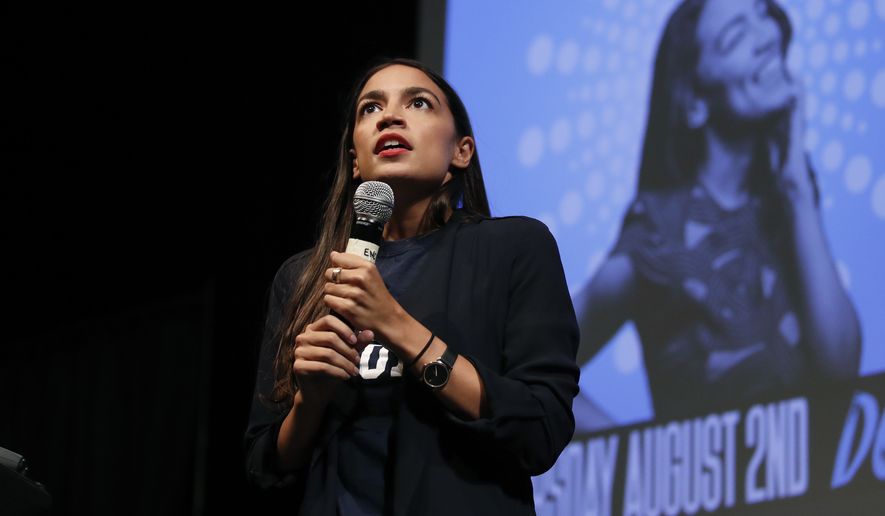 Alexandria Ocasio-Cortez, a winner of a Democratic Congressional primary in New York, addresses supporters at a fundraiser Thursday, Aug. 2, 2018, in Los Angeles. (AP Photo/Jae C. Hong)