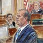 This Aug. 7, 2018, courtroom sketch depicts Rick Gates, right, testifying during questioning in the bank fraud and tax evasion trial of Paul Manafort at federal court in Alexandria, Va. U.S. district Judge T.S. Ellis III presides at top right. Gates acknowledged that he “possibly” covered personal expenses with Trump inauguration funds at the trial of his former boss Paul Manafort last week. Though Gates definitively admitted to embezzling hundreds of thousands of dollars from Manafort at his old job, Trump’s inaugural committee chairman is declining to say how much money Gates may have taken _ or whether any further review of inaugural spending is warranted. (Dana Verkouteren via AP)