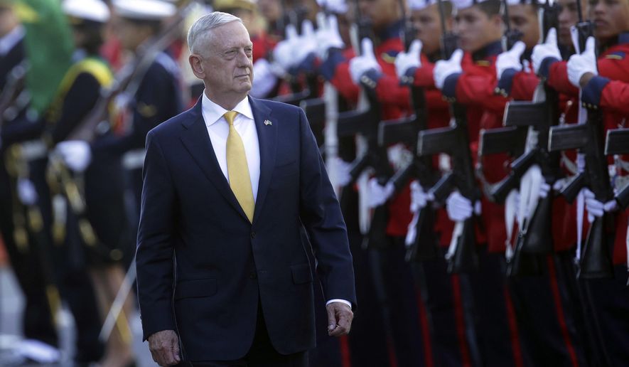 U.S. Secretary of Defense Jim Mattis receives military honors before his meeting with Brazil&#39;s defense minister, in Brasilia, Brazil, Monday, Aug. 13, 2018. Mattis has spent six days visiting South American countries, including Brazil, Argentina, Chile and Colombia. (AP Photo/Eraldo Peres)