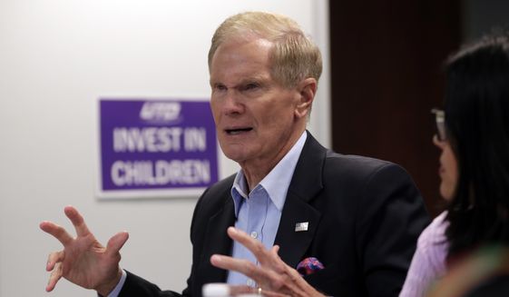 In this Aug. 6, 2018, file photo, Sen. Bill Nelson, D-Fla., speaks during a roundtable discussion with education leaders from South Florida at the United Teachers of Dade headquarters in Miami. (AP Photo/Lynne Sladky, File)