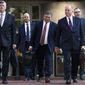 Members of the defense team for Paul Manafort, from left, Kevin Downing, Jay Nanavati, Richard Westling, Thomas Zehnle, and Brian Ketcham, walk to federal court for closing arguments in the trial of the former Trump campaign chairman, in Alexandria, Va., Wednesday, Aug. 15, 2018. (AP Photo/Jacquelyn Martin)