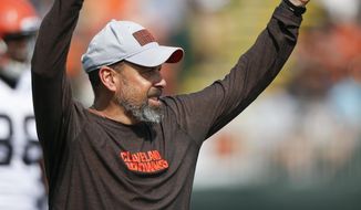 Cleveland Browns offensive coordinator Todd Haley reacts to a play during NFL football training camp Tuesday, Aug. 14, 2018, in Berea, Ohio. (AP Photo/Ron Schwane)
