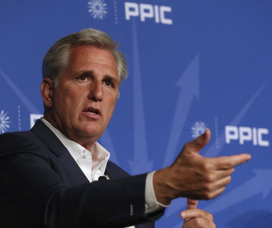Rep. Kevin McCarthy, R-Calif., answers a question during his appearance with the Public Policy Institute of California, Wednesday, Aug. 15, 2018, in Sacramento, Calif. McCarthy blasted his home state of California as out of touch, hitting its leaders for increasing the gas tax while defending the Trump administration&#39;s policies on taxes and tariffs. (AP Photo/Rich Pedroncelli)
