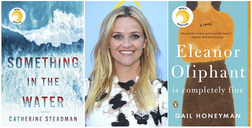 This combination of photos shows actress Reese Witherspoon, center, with two cover images of novels she selected for her book club, Something In The Water, by Catherine Steadman, left, and "Eleanor Oliphant Is Completely Fine," by Gail Honeyman. Witherspoon is one of several celebrities who have book clubs. (Ballantine Books/Penguin via AP)