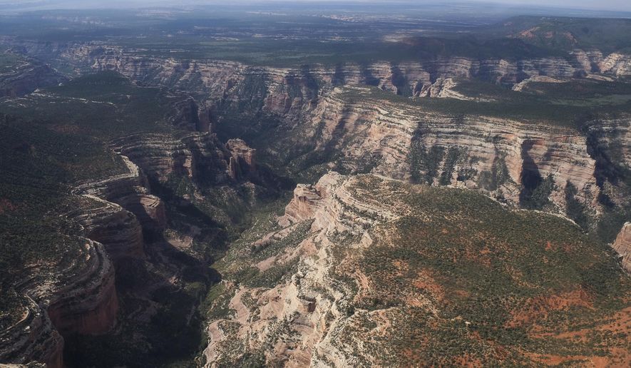 FILE - In this May 8, 2017, file photo, Arch Canyon within Bears Ears National Monument in Utah is viewed. The U.S. government is issuing draft proposals for how it would like to manage two national monuments in Utah that were significantly downsized by President Donald Trump in 2017 in a move that angered conservation and tribal groups and triggered lawsuits. (Francisco Kjolseth/The Salt Lake Tribune via AP, File)