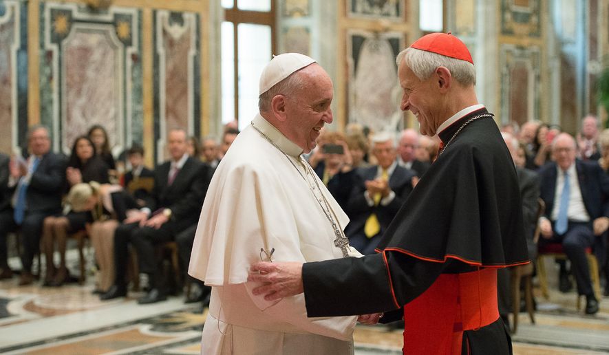 Pope Francis (left) talks with Papal Foundation Chairman Cardinal Donald Wuerl, Archbishop of Washinghton, D.C., during a meeting with members of the Papal Foundation at the Vatican on Oct. 20, 2010. On Tuesday, Aug. 15, 2018, a Pennsylvania grand jury accused Cardinal Wuerl of helping to protect abusive priests when he was Pittsburgh's bishop. (L'Osservatore Romano/Pool Photo via AP) **FILE**