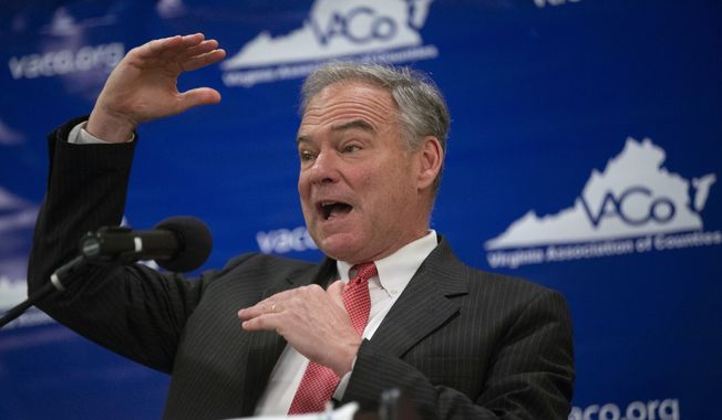 Sen. Tim Kaine (D-VA) speaks at the Virginia Association of Counties&#x27; County Officials&#x27; Summit at the Fredericksburg Expo Center in Fredericksburg, Va. on Thursday, Aug. 16, 2018. (Mike Morones/The Free Lance-Star via AP) ** FILE **