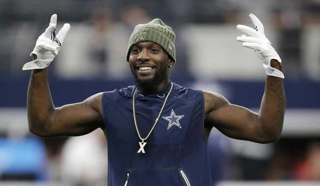 In this Nov. 5, 2017, file photo, Dallas Cowboys wide receiver Dez Bryant (88) warms up before an NFL football game against the Kansas City Chiefs, in Arlington, Texas. (AP Photo/Brandon Wade, File)