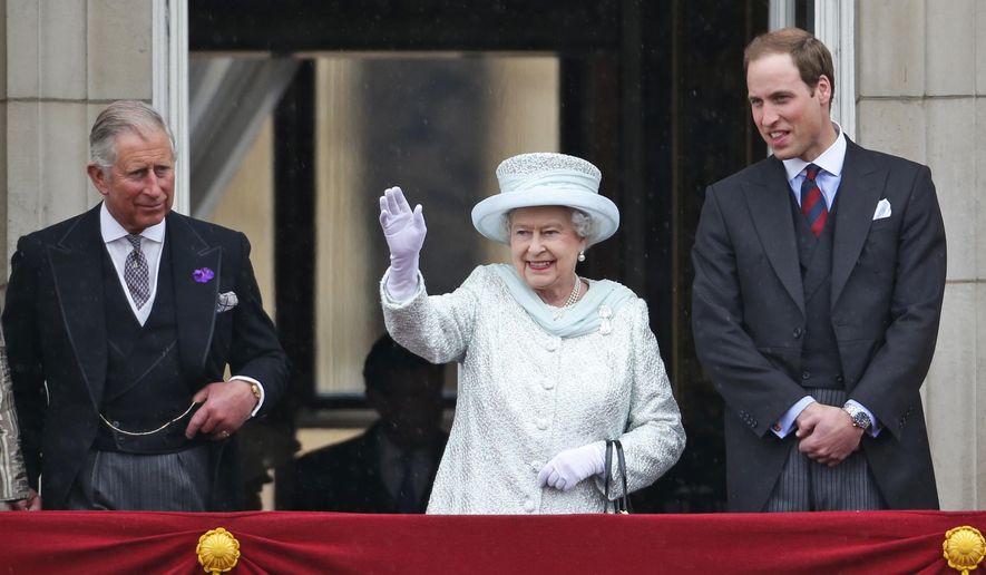 FILE - In this June 5, 2012 file photo, Queen Elizabeth II, center, accompanied by Prince Charles, left, and Prince William, appear on the balcony of Buckingham Palace in central London, to conclude the four-day Diamond Jubilee celebrations to mark the 60th anniversary of the Queen's accession to the throne. On Thursday, Aug. 16, 2018, The Associated Press has found that stories circulating on the internet that Queen Elizabeth II will pass the crown directly to her grandson Prince William, are untrue. (AP Photo/Lefteris Pitarakis, File)