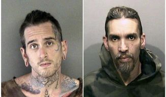 FILE - This combination of June 2017 file booking photos provided by the Alameda County Sheriff&#39;s Office shows Max Harris, left, and Derick Almena, at Santa Rita Jail in Alameda County, Calif. A Northern California district attorney has told a judge she will no longer consider plea deals for Harris and Almena, charged in a 2016 warehouse fire that killed 36 people attending an unlicensed concert. The Associated Press obtained a copy of the letter Thursday, Aug. 16, 2018, a day before the two men are scheduled to return to court. (Alameda County Sheriff&#39;s Office via AP, File)