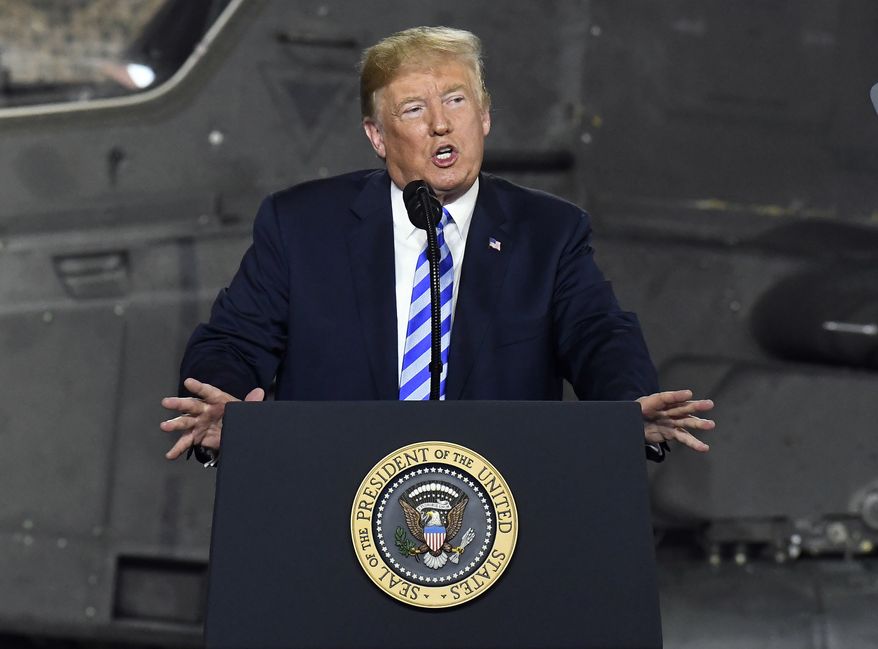 In this Aug. 13, 2018, file photo, President Donald Trump speaks before signing a $716 billion defense policy bill named for Sen. John McCain in Fort Drum, N.Y. Trump says he’s asking federal regulators to look into the effectiveness of the quarterly financial reports that publicly traded companies are required to file. In a tweet early Friday, Aug. 17, Trump said that after speaking with “some of the world’s top business leaders,” he’s asked the U.S. Securities and Exchange Commission to determine whether shifting to a six-month reporting regimen would make more sense. (AP Photo/Hans Pennink, File)