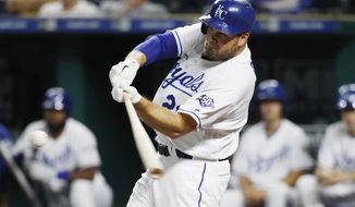 Kansas City Royals&#39; Lucas Duda hits a solo home run during the second inning of the team&#39;s baseball game against the Toronto Blue Jays at Kauffman Stadium in Kansas City, Mo., Thursday, Aug. 16, 2018. (AP Photo/Colin E. Braley)