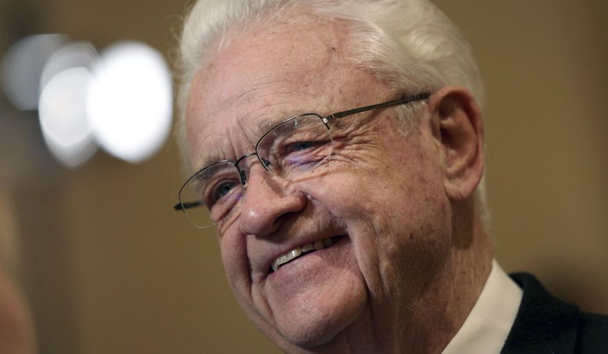 FILE - In this Tuesday, Nov. 6, 2012 file photo, U.S. Rep. Leonard Boswell, D-Iowa, speaks to members of the media during an election night rally in Des Moines, Iowa. Former U.S. Rep. Leonard Boswell, an Iowa farmer and soldier turned politician who served 16 years in Congress, has died. He was 84. The Democrat and former state Senate president, died at a Des Moines hospital on Friday, Aug. 17, 2018 after suffering complications from a rare form of cancer, said family spokesman and former chief of staff Grant Woodard.(AP Photo/Justin Hayworth, File)