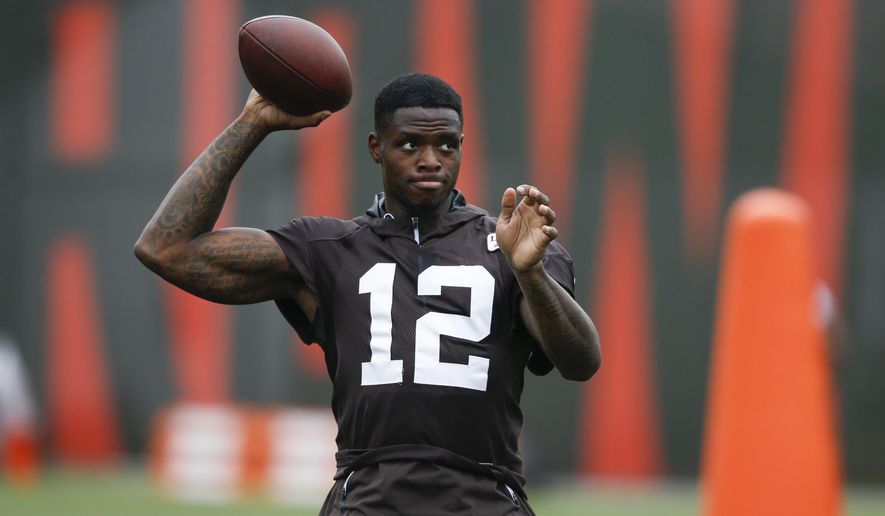 Cleveland Browns wide receiver Josh Gordon warms up during the team's organized team activity at its NFL football training facility Tuesday, June 5, 2018, in Berea, Ohio. Gordon has “humbly” returned to the team after an extended absence to deal with his health. The former Pro Bowler has missed most of the past five seasons for numerous violations of the NFL’s substance abuse policy. He has battled addictions to drugs and alcohol. Gordon was in rehab last year while suspended. (AP Photo/Ron Schwane, file)