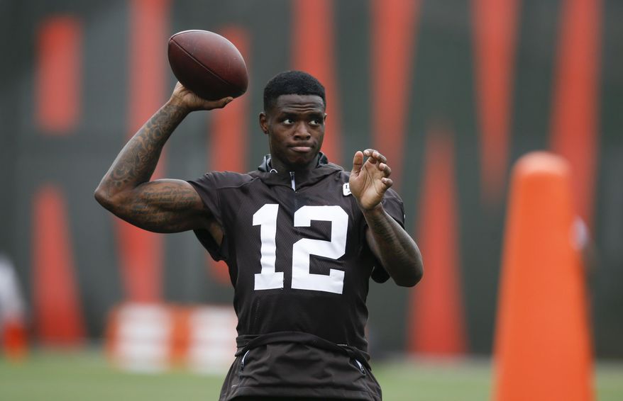 Cleveland Browns wide receiver Josh Gordon warms up during the team's organized team activity at its NFL football training facility Tuesday, June 5, 2018, in Berea, Ohio. Gordon has “humbly” returned to the team after an extended absence to deal with his health. The former Pro Bowler has missed most of the past five seasons for numerous violations of the NFL’s substance abuse policy. He has battled addictions to drugs and alcohol. Gordon was in rehab last year while suspended. (AP Photo/Ron Schwane, file)
