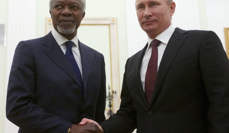 FILE - In this file photo taken on Tuesday, July 17, 2012, Russian President Vladimir Putin, right, shakes hands with United Nations special envoy Kofi Annan in Moscow, Russia. Putin says he admired former U.N. Secretary-General Kofi Annan whose death was announced on Saturday for his wisdom and courage. Kofi Annan, one of the world&#x27;s most celebrated diplomats and a charismatic symbol of the United Nations who rose through its ranks to become the first black African secretary-general, has died aged 80, according to an announcement by his foundation Saturday Aug. 18, 2018. (AP Photo/Alexander Zemlianichenko, File)