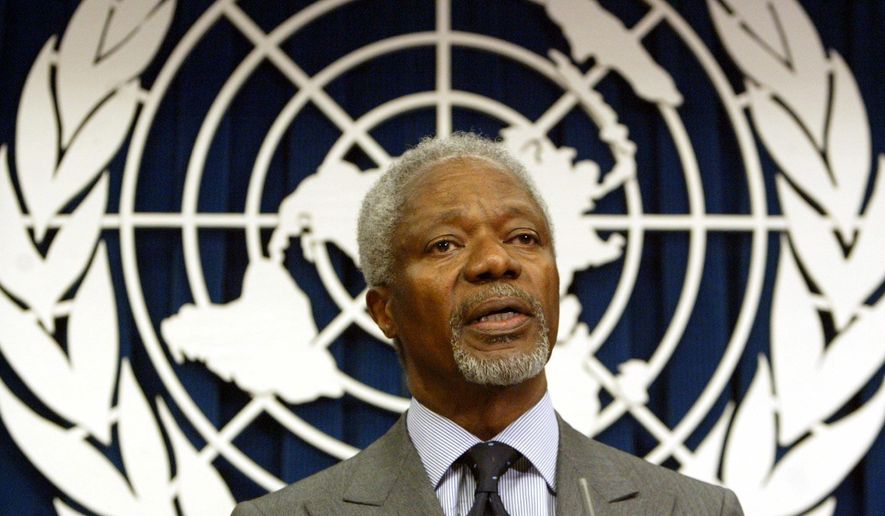 FILE - In this Tuesday March 29, 2005 file photo United Nations Secretary General Kofi Annan addresses a news conference at the United Nations. Annan, one of the world&#x27;s most celebrated diplomats and a charismatic symbol of the United Nations who rose through its ranks to become the first black African secretary-general, has died. He was 80. (AP Photo/Mary Altaffer, File)