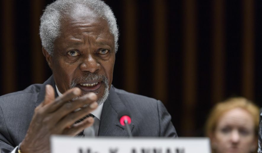 FILE - In this Wednesday, April 19, 2017 file photo Kofi Annan, former United Nations Secretary General  speaks during the Global partners meeting on neglected tropical diseases, (NTDs), at the World Health Organization headquarters in Geneva, Switzerland. Annan, one of the world&#39;s most celebrated diplomats and a charismatic symbol of the United Nations who rose through its ranks to become the first black African secretary-general, has died. He was 80. (Martial Trezzini, Keystone via AP, File)