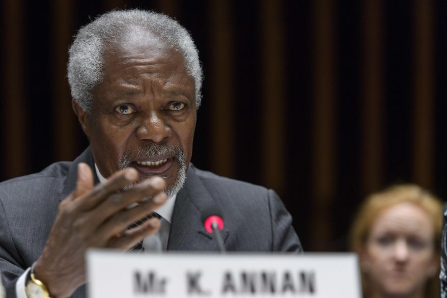 FILE - In this Wednesday, April 19, 2017 file photo Kofi Annan, former United Nations Secretary General  speaks during the Global partners meeting on neglected tropical diseases, (NTDs), at the World Health Organization headquarters in Geneva, Switzerland. Annan, one of the world&#x27;s most celebrated diplomats and a charismatic symbol of the United Nations who rose through its ranks to become the first black African secretary-general, has died. He was 80. (Martial Trezzini, Keystone via AP, File)