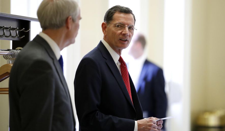 FILE - In this March 20, 2018 file photo, Sen. John Barrasso, R-Wyo., right speaks with Sen. Rob Portman, R-Ohio, after a Republican policy luncheon on Capitol Hill in Washington.  Dave Dodson, a political newcomer and businessman little known in Wyoming, has made a bold Republican primary bid to tap anger over Barrasso’s corporate donations and Washington ties. (AP Photo/Jacquelyn Martin, file)