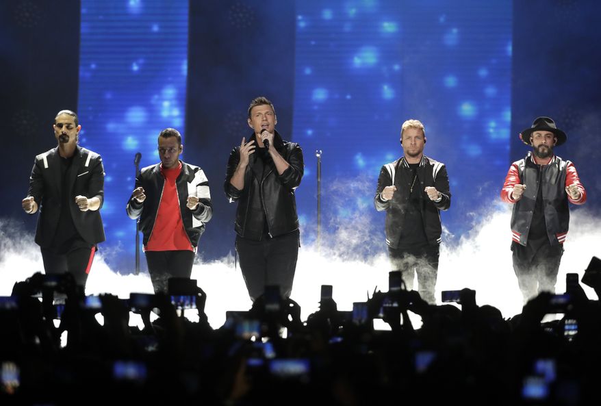 FILE - In this June 6, 2018 file photo, Kevin Richardson, Howie Dorough, Nick Carter, Brian Littrell, and AJ McLean of Backstreet Boys, perform "Don't go Breaking My Heart" at the CMT Music Awards at the Bridgestone Arena in Nashville, Tenn. Over a dozen people were injured, Saturday, Aug. 18 and transported to hospitals after trusses holding up the entrance to a resort where the Backstreet Boys were set to begin a concert in Oklahoma collapsed. (AP Photo/Mark Humphrey, File)