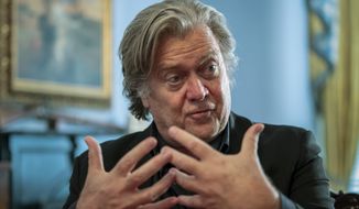 Steve Bannon, President Donald Trump&#39;s former chief strategist, talks about the approaching midterm election during an interview with The Associated Press, Sunday, Aug. 19, 2018, in Washington. Bannon told the Associated Press that if the elections were held today, he believed the GOP would lose 35 to 40 seats and the House of Representatives, but argued there was time to turn that around.  (AP Photo/J. Scott Applewhite)
