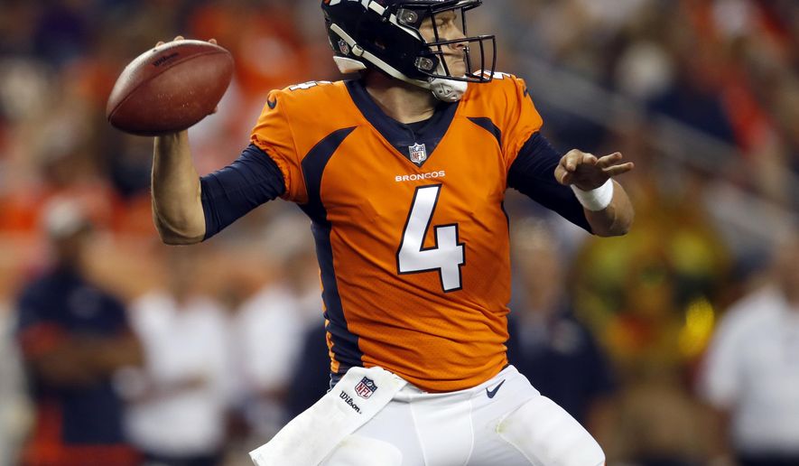 Denver Broncos quarterback Case Keenum (4) throws against the Chicago Bears during the first half of a preseason NFL football game, Saturday, Aug. 18, 2018, in Denver. (AP Photo/David Zalubowski)