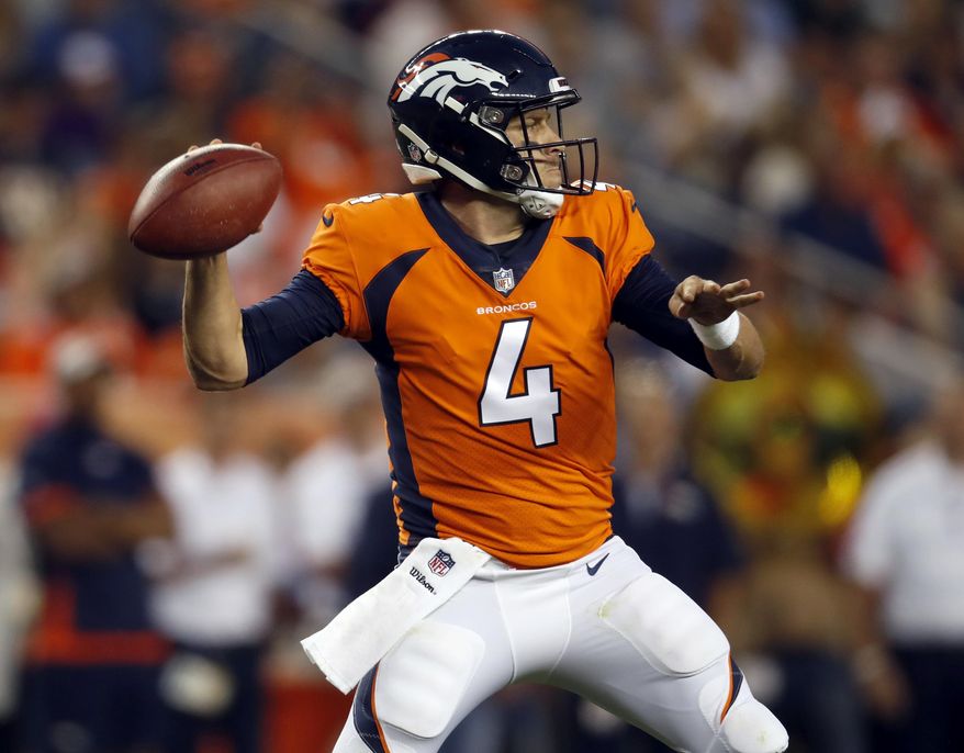 Denver Broncos quarterback Case Keenum (4) throws against the Chicago Bears during the first half of a preseason NFL football game, Saturday, Aug. 18, 2018, in Denver. (AP Photo/David Zalubowski)