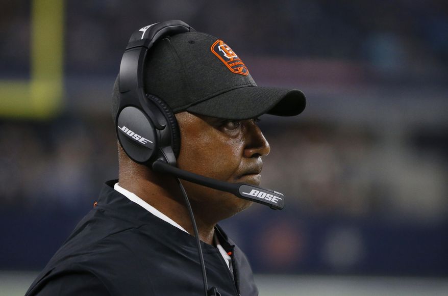 Cincinnati Bengals head coach Marvin Lewis watches from the sidelines during the second half of a preseason NFL football game against the Dallas Cowboys in Arlington, Texas, Saturday, Aug. 18, 2018. (AP Photo/Michael Ainsworth)