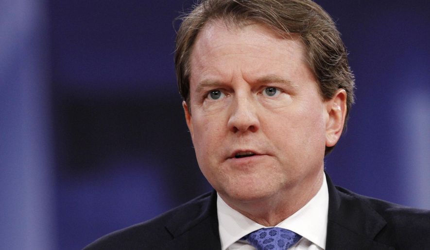 In this Feb. 22, 2018, file photo White House counsel Don McGahn speaks at the Conservative Political Action Conference (CPAC), at National Harbor, Md. (AP Photo/Jacquelyn Martin, File)
