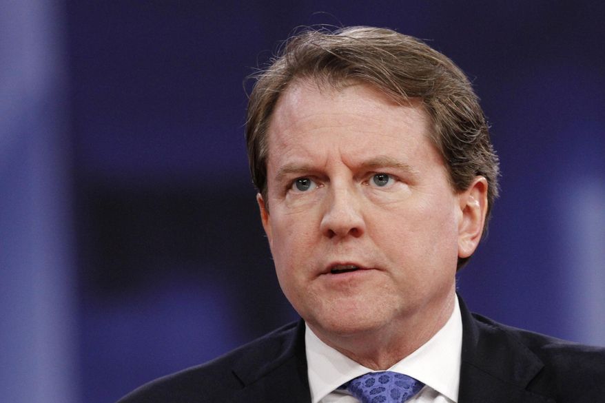 In this Feb. 22, 2018, file photo White House counsel Don McGahn speaks at the Conservative Political Action Conference (CPAC), at National Harbor, Md. (AP Photo/Jacquelyn Martin, File)