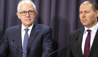 Australian Prime Minister Malcolm Turnbull, left, and Environment Minister Josh Frydenberg address reporters at Parliament House in Canberra, Australia, Monday, Aug. 20, 2018. Turnbull abandoned plans to legislate to limit greenhouse gas emissions to head off a revolt by conservative lawmakers. Turnbull conceded that he could not get legislation through the House of Representatives where his conservative coalition holds only a single-seat majority. (AP Photo/Rod McGuirk)