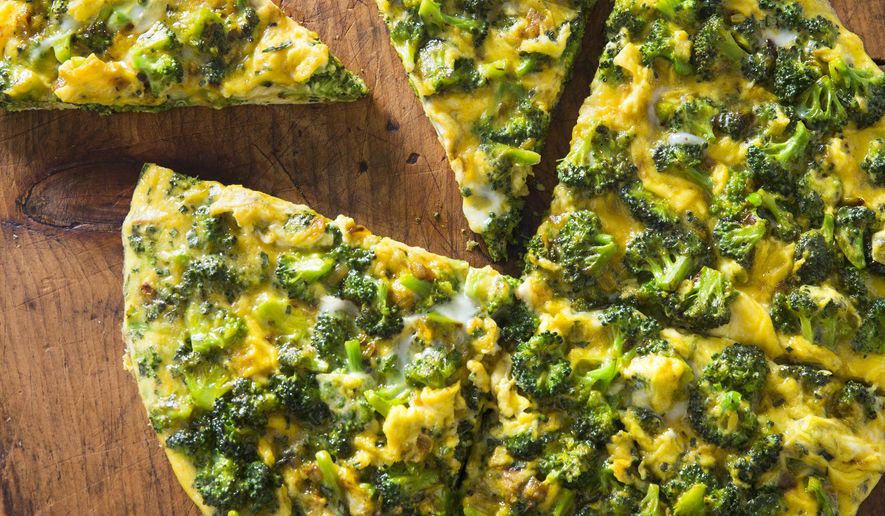 This undated photo provided by America's Test Kitchen in August 2018 shows a frittata with broccoli and turmeric in Brookline, Mass. This recipe appears in the cookbook Nutritious Delicious. (Joe Keller/America's Test Kitchen via AP)
