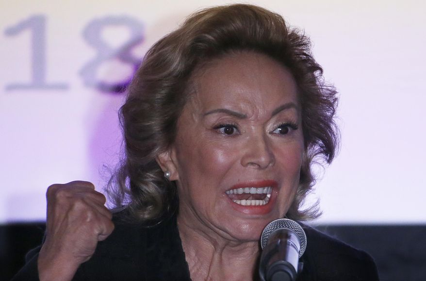 Elba Esther Gordillo, one of Mexico’s powerful old-time union bosses, speaks during a news conference regarding the court ruling freeing her of criminal charges, in Mexico City, Monday, Aug. 20, 2018. The flamboyant former leader of Mexico's powerful teachers union was arrested in 2013 on corruption and money laundering charges that were dismissed this month. Her fall allowed President Enrique Pena Nieto to push through a reform requiring teacher testing. (AP Photo/Marco Ugarte)