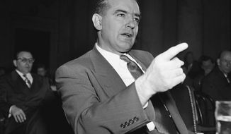 In this March 9, 1950 file photo, Sen. Joseph McCarthy, R-Wis., gestures during a Senate subcommittee hearing on McCarthy&#39;s charges of communist infiltration of the U.S. State Department. President Donald Trump, tweeting over the weekend, invoked both McCarthyism and the Watergate scandal, two of the most-debated chapters of recent American political history. (AP Photo/Herbert K. White)