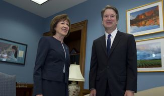 Sen. Susan Collins, R-Maine, meets with Supreme Court nominee Judge Brett Kavanaugh at her office, before a private meeting on Capitol Hill in Washington on Tuesday, Aug. 21, 2018. (AP Photo/Jose Luis Magana)