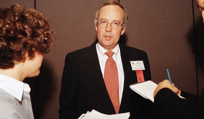 Whitewater special prosecutor Kenneth Starr answers questions from the media after his speech at the 16th Annual Institute for Corporate Counsel in Los Angeles, Calif., March 13, 1997. Starr said on Thursday that is would be wrong to set time limits on independent counsel probes, since justice does not occur in neat chronological chunks. (AP Photo/Nick Ut)