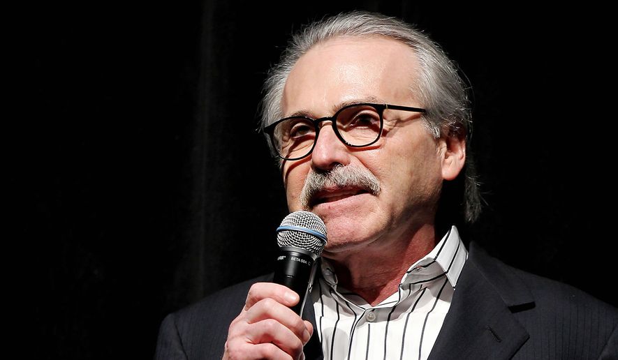 In this Jan. 31, 2014 photo, David Pecker, Chairman and CEO of American Media, addresses those attending the Shape &amp; Men&#39;s Fitness Super Bowl Party in New York. The Aug. 21, 2018 plea deal reached by Donald Trump&#39;s former attorney Michael Cohen has laid bare a relationship between the president and Pecker, whose company publishes the National Enquirer. Besides detailing tabloid&#39;s involvement in payoffs to porn star Stormy Daniels and Playboy Playmate Karen McDougal to keep quiet about alleged affairs with Trump, court papers showed how David Pecker, a longtime friend of the president, offered to help Trump stave off negative stories during the 2016 campaign. (Marion Curtis via AP)