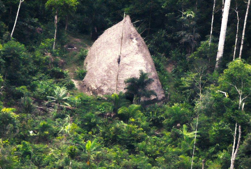 This 2017 photo released by the National Indian Foundation (FUNAI) shows a "maloca," or long house, in Vale do Javari, Amazonas state, Brazil. Overall, the agency has registered 107 isolated tribes in Latin America's largest nation. While isolated communities are sometimes captured on video, Funai does not make contact with them. (FUNAI via AP)