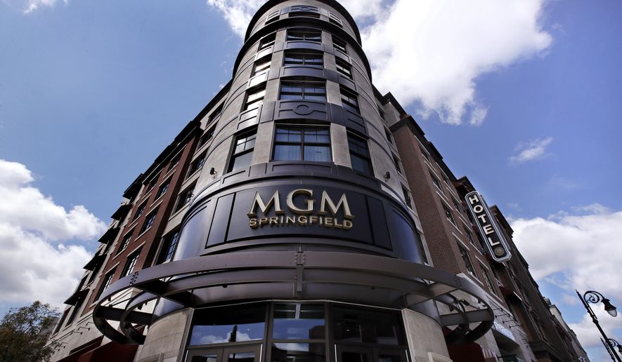 This Wednesday, Aug. 15, 2018, photo shows the MGM Springfield casino's front facade on Main Street in Springfield, Mass. The casino is scheduled to open to the public on Aug. 24. (AP Photo/Charles Krupa)
