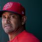Washington Nationals manager Dave Martinez stands in the dugout before a baseball game against the Philadelphia Phillies at Nationals Park Thursday, Aug. 23, 2018, in Washington. The Phillies won 2-0. (AP Photo/Andrew Harnik)