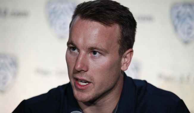 FILE - In this July 25, 2018, file photo, California running back Patrick Laird speaks at the Pac-12 Conference NCAA college football Media Day in Los Angeles. Laird has come from seventh-string walk-on to leading man on California's offense during his time with the Golden Bears. (AP Photo/Jae C. Hong, File)