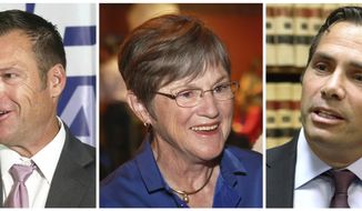 FILE - This combination of file photos shows Kansas gubernatorial candidates from left: Republican Secretary of State Kris Kobach; Democratic state Sen. Laura Kelly; and Independent candidate, businessmen Greg Orman, who are running in the November 2018 election. Democrats horrified by the thought that provocative conservative Kobach could be Kansas’ next governor are attacking Orman, a Kansas City-area businessman running as an independent. (Thad Allton/The Topeka Capital-Journal via AP, File)